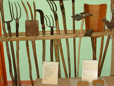 Antichi arnesi da lavoro utilizzati per la coltivazione del grano esposti nel museo del grano di Ortacesus.